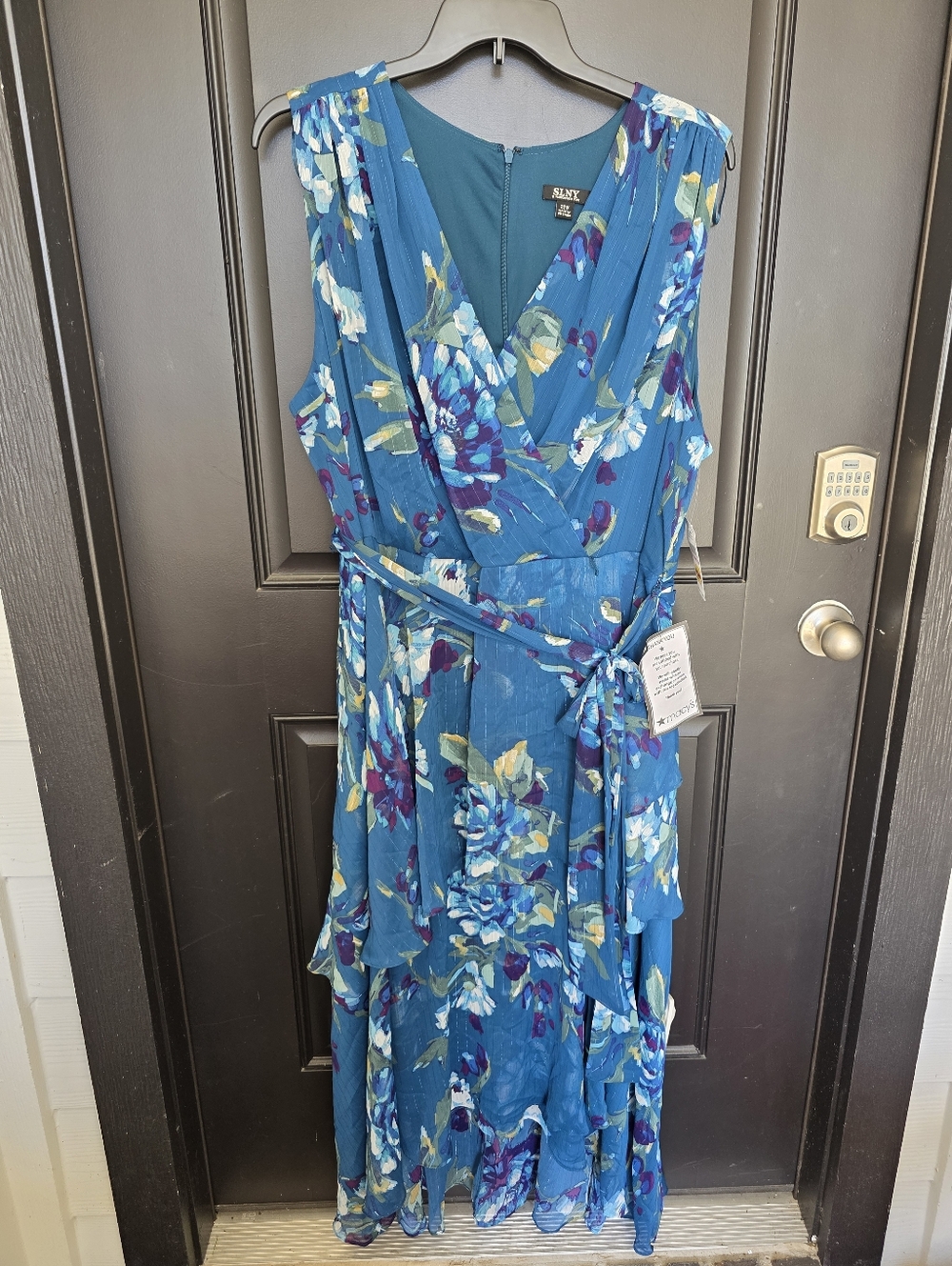 SLNY Women’s 22W Teal Floral Wrap Dress Plus Size Sleeveless V Neck Chiffon Midi - Picture 2 of 9